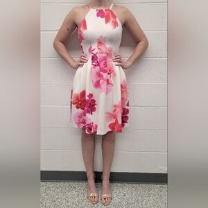 Calvin Klein Knee Length White and  Pink Floral Dress Size 2 Worn Once